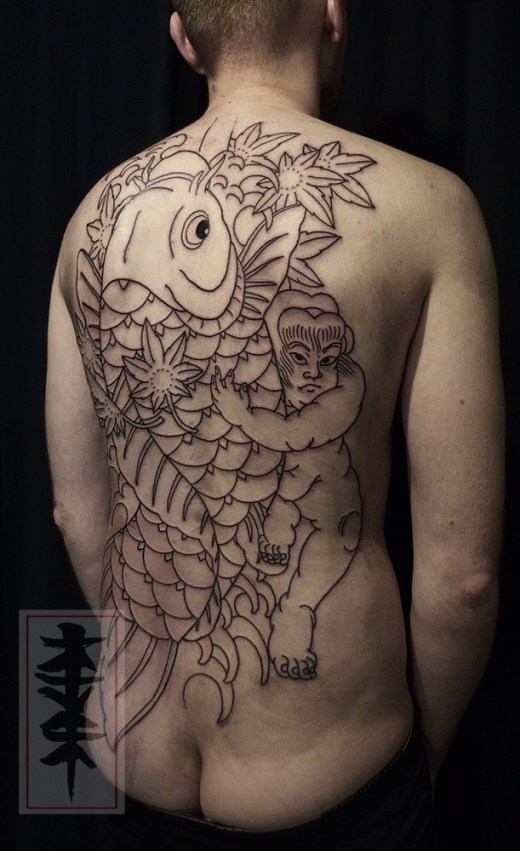 Kintaro fighting with koi tattoo